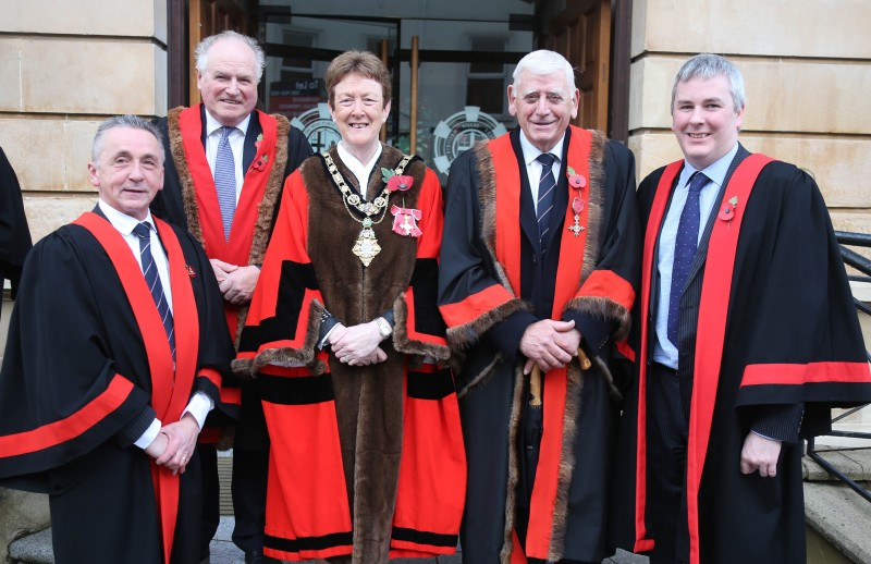 Councillor William Mc Candless, Alderman Norman Hillis, The Mayor, Councillor Joan Baird OBE, Alderman William King and Councillor Richard Holmes pictured at the Armistice Day service in Coleraine.