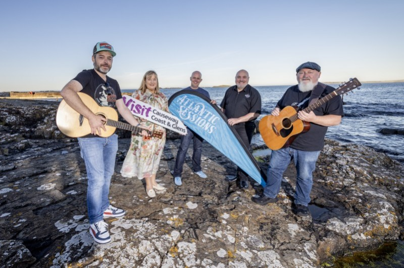 Junior Johnston, Joanne Boyle GM of Elephant Rock Hotel Portrush, Mark Sheppard (Get Shep) and Danny Coyles of Station Bar Portrush, alongside Paddy Nash as they prepare for Council’s Atlantic Sessions.