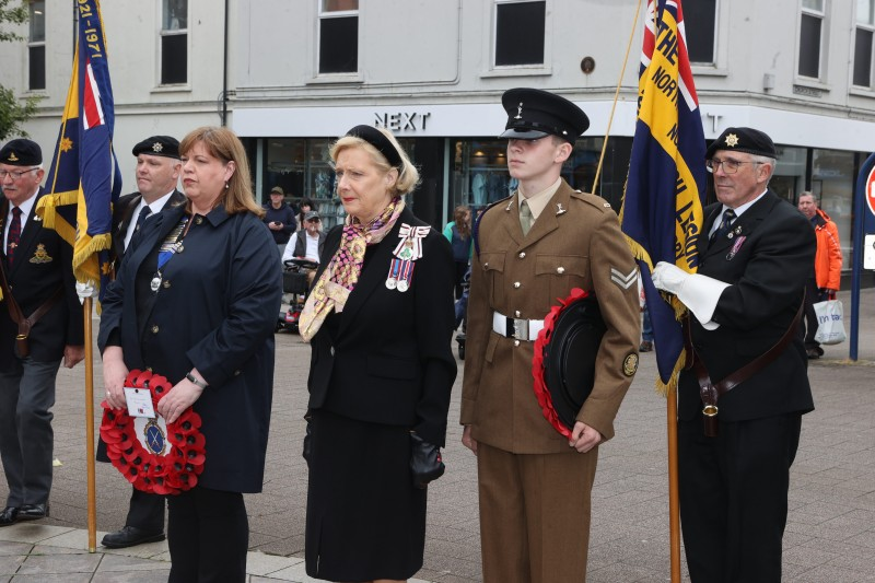 Representatives from the Royal British Legion, pictured with standards and wreaths, alongside Lord Lieutenant for County Londonderry, Alison Millar, and the High Sheriff of County Londonderry, Linda Steele, at the Battle of the Somme commemoration service in Coleraine.