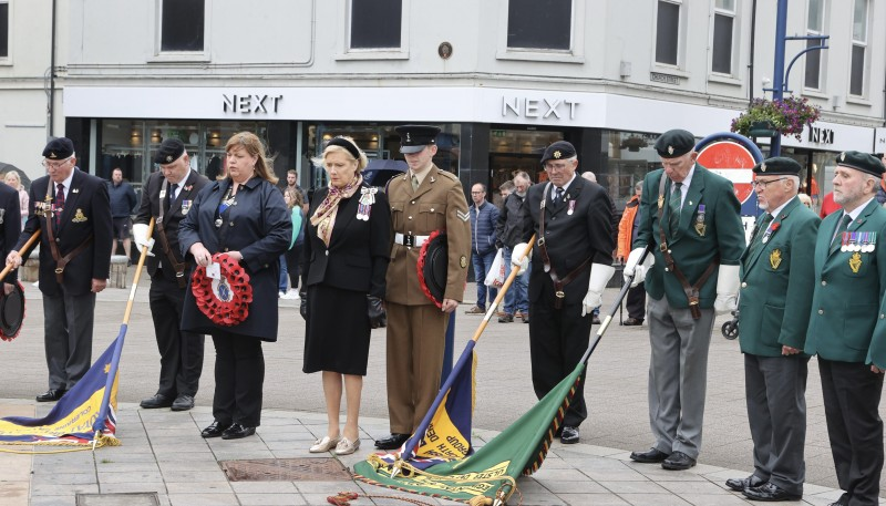 High Sheriff of County Londonderry, Linda Steele, and Lord Lieutenant for County Londonderry, Alison Millar, with representatives from the UDR and Royal British Legion at the Battle of the Somme commemoration service in Coleraine.
