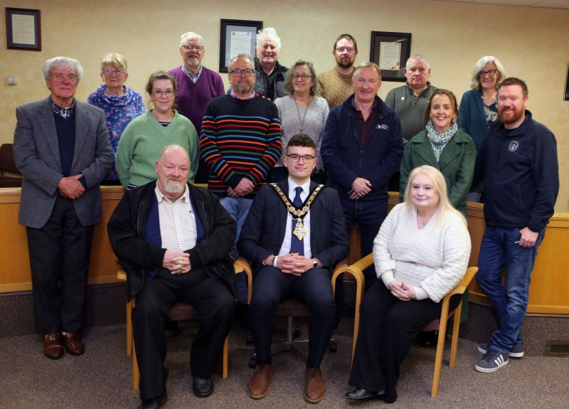 Mayor of Causeway Coast and Glens, Councillor Ciarán McQuillan pictured with Dr Nicholas Wright, Ballycastle Project Officer, Sarah Calvin, Museum Services Development Manager and the Friends of Ballycastle Museum, at a reception in appreciation of their ongoing support for the museum.