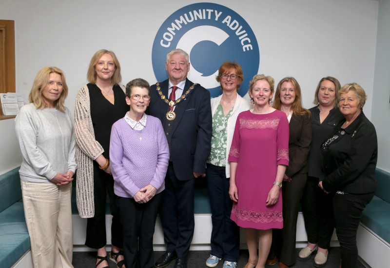 Picture caption (left to right): Julie Welsh (Causeway Coast and Glens Borough Council Head of Community and Culture), Samantha Boswell (Chief Officer, Community Advice Causeway). Sr Anne McWilliams (Member of Board of the Community Advice Causeway Trustees), Mayor of Causeway Coast and Glens, Councillor Steven Callaghan, Catherine McWhinney (Member of Board of Community Advice Causeway Trustees), Pat Mulvenna (Director of Leisure and Development at Causeway Coast and Glens Borough Council), Patricia Mulligan (Department for Communities), Louise Scullion (Community Development Manager at Causeway Coast and Glens Borough Council) and Margaret Gordon (Chair of Board of Trustees).