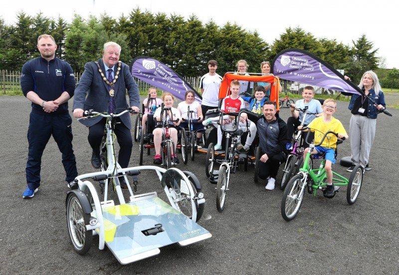 The Mayor, Cllr Steven Callaghan, alongside Niall Irwin, Regional Development Officer from Disability Sport NI, Council’s Sport and Wellbeing Development Manager Jonathan McFadden and Geraldine Wills from Council’s Town and Village Management Team.