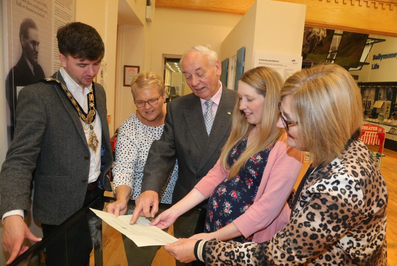The Mayor of Causeway Coast and Glens Borough Council Councillor Sean Bateson pictured with Valerie Stewart, Mac Pollock from Ballymoney Drama Festival, Jamie Austin, Museum Officer, Causeway Coast and Glens Borough Council and Elaine Lee at the George Shiels exhibition currently on display at Ballymoney Museum.