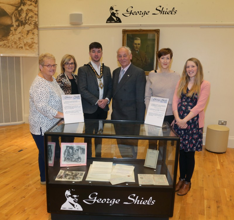 The Mayor of Causeway Coast and Glens Borough Council Councillor Sean Bateson pictured at a new exhibition in Ballymoney Museum celebrating the life of George Shiels with Valerie Stewart, Elaine Lee, Mac Pollock from Ballymoney Drama Festival, Yvonne Simpson and Jamie Austin, Museum Officer, Causeway Coast and Glens Borough Council at the opening of the George Shiels exhibition in Ballymoney Museum.