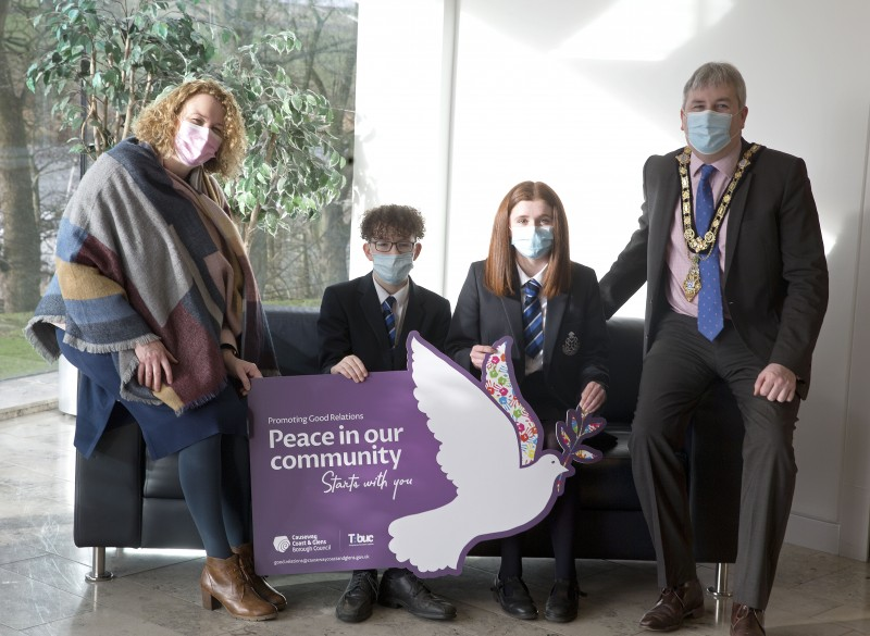 Limavady Grammar School teacher, Briege Lowth, and pupils Mia O’Brien and Xander Mullan pictured with the Mayor of Causeway Coast and Glens Borough Council, Councillor Richard Holmes, at the reception for the winners of the recent Good Relations Week competition.