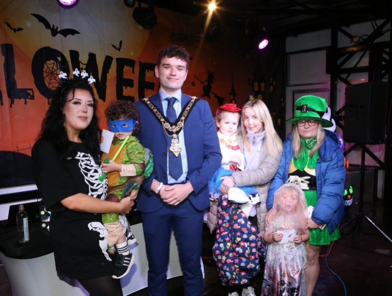 Mayor of Causeway Coast and Glens Borough Council, Councillor Ciarán McQuillan, pictured with the winners of the fancy dress competition in Limavady.