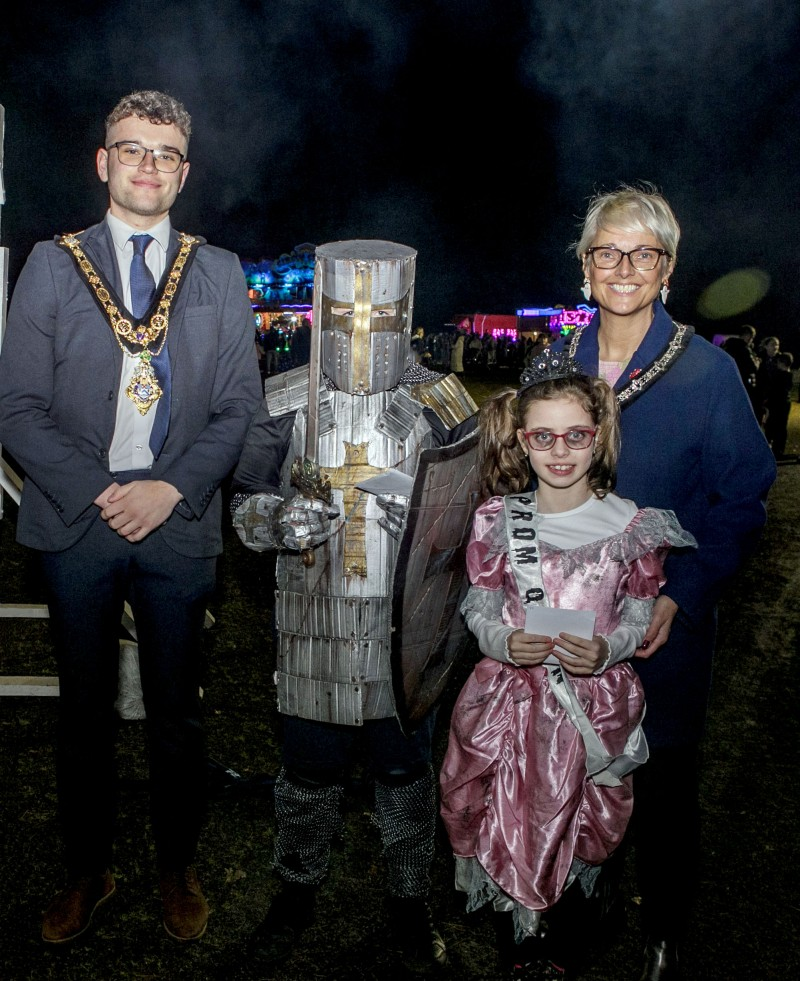 Mayor of Causeway Coast and Glens Borough Council, Councillor Ciarán McQuillan, and Deputy Mayor, Councillor Tanya Stirling, pictured with two of the winners of the fancy dress competition in Coleraine.