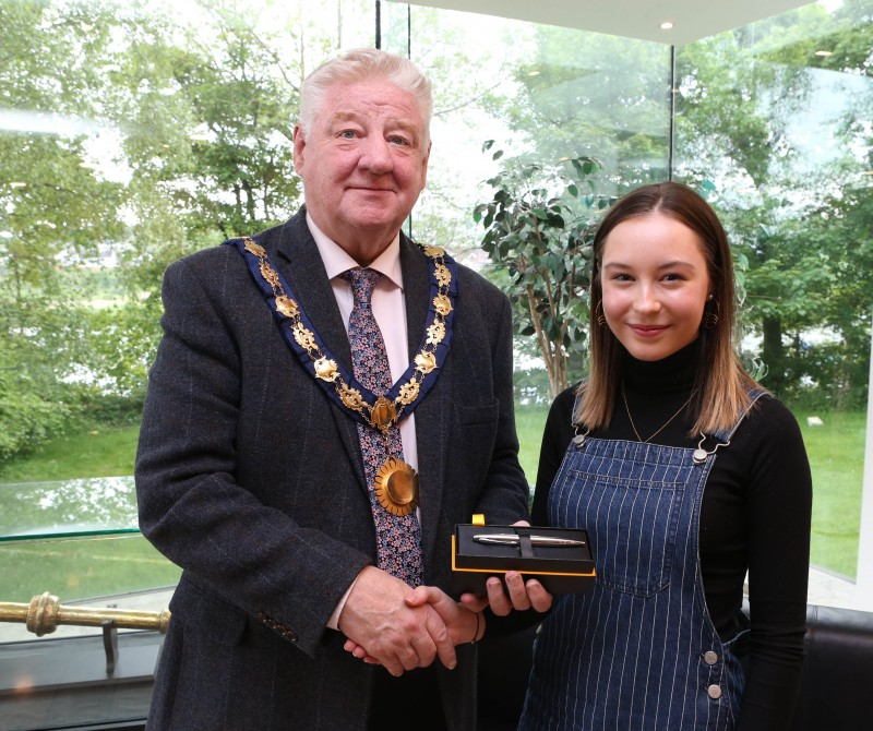 Mayor of Causeway Coast and Glens, Councillor Steven Callaghan pictured beside Dalriada student Lauren Bond, who has been recognised by the Mayor for her campaign and political work.