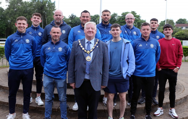 The Mayor, Cllr Steven Callaghan, with members of the playing, coaching and backroom staff.