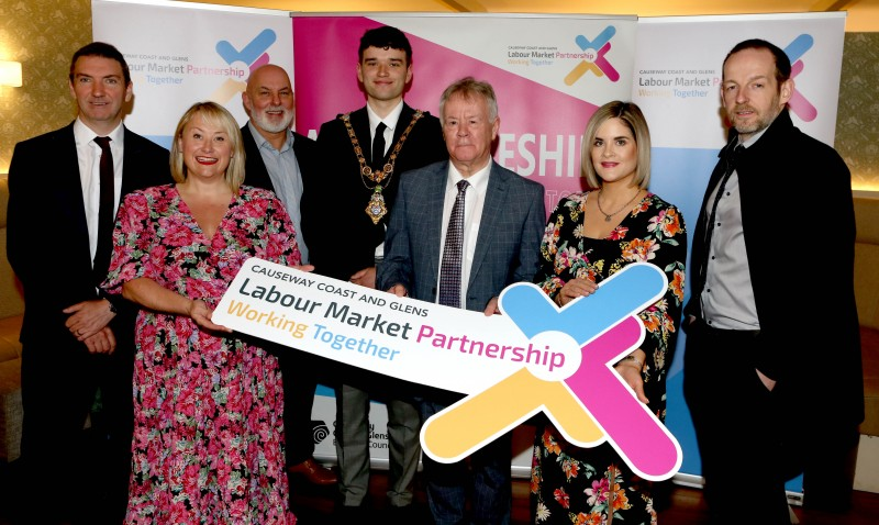 The Mayor of Causeway Coast and Glens, Councillor Ciarán McQuillan, alongside Ashley Hay from JKC BMW, Anna Egner from NRC, Marc McGerty, Labour Market Partnership Manager, Sean McAleese from NRC, Helen McGonigle from NWRC and Luke McCloskey, NWRC.