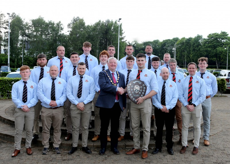 Limavady Rugby Club pictured with the Mayor, Councillor Steven Callaghan at a civic reception in Cloonavin.