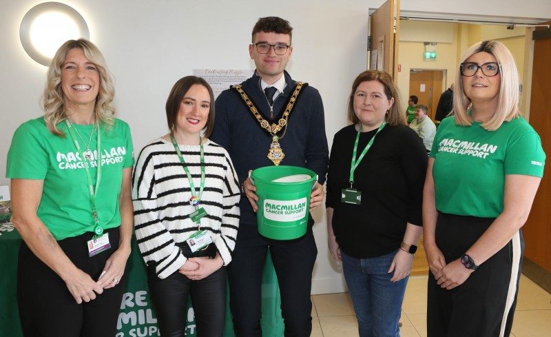 Mayor of Causeway Coast and Glens, Councillor Ciarán McQuillan with Vather King, Claire Murphy, Nuala Harragy and Karen Whyte at Council’s Macmillan Coffee Morning held in Portballintrae Village Hall.