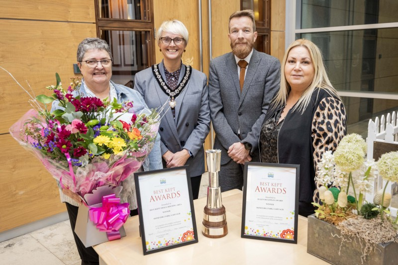 Deputy Mayor of Causeway Coast and Glens, Councillor Tanya Stirling pictured with Mary Gibson, Chairperson, Moneydig Rural Network, Mark Alexander, Housing Executive Area Manager, Causeway and Patricia McQuillan MBE, Secretary, Moneydig Rural Network at a reception to celebrate Moneydig Park winning two NIAC ‘Best Kept Awards’.