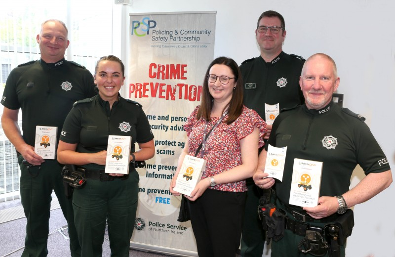 Orlaith Quinn, Council’s PCSP Officer, pictured alongside members of the PSNI Neighbourhood Policing Team, at a recent training workshop aimed at tackling rural crime. The group are holding DNA Property marking kits, which can be used to mark equipment such as tools, smaller items of machinery, chain saws or power washers.