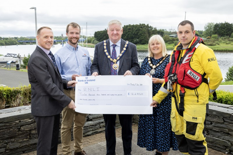 Pictured (l-r) Neal Sommervile Face to Face Manager for Ireland RNLI, Michael Thompson Regional Lifeguard Lead RNLI, Mayor of Causeway Coast and Glens Councillor Steven Callaghan, Deputy Mayor of Causeway Coast and Glens Councillor Margaret-Anne McKillop and Johnny Weston Lifeboat Crew, Portrush RNLI.