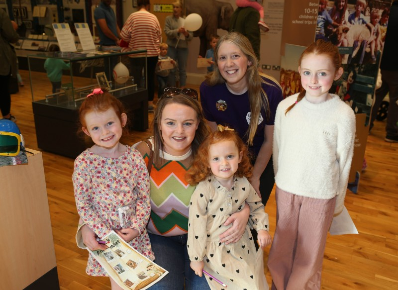 Councillor Kathleen McGurk with her children Aoife, Roisin and Fiodh, pictured alongside Jamie Austin, Museum Officer at the Causeway Safari Tale Fun Day held in Ballymoney Museum.