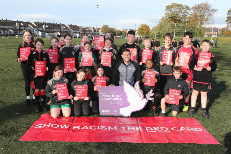 Pupils from Limavady High School & St Mary’s Limavady mark the “Show Racism the Red Card” campaign as part of the “Different Ball, Same Goal” project.