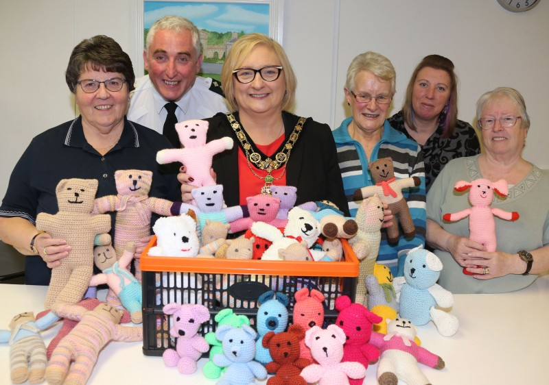 The Mayor of Causeway Coast and Glens Borough Council, Councillor Brenda Chivers pictured with Roberta Tosh, Norma Mc Clure and Betty Blair from Nimble Needles Knitting Group, Chief Inspector Ian Magee and Lucille Wright, Causeway Coast and Glens Borough Council.