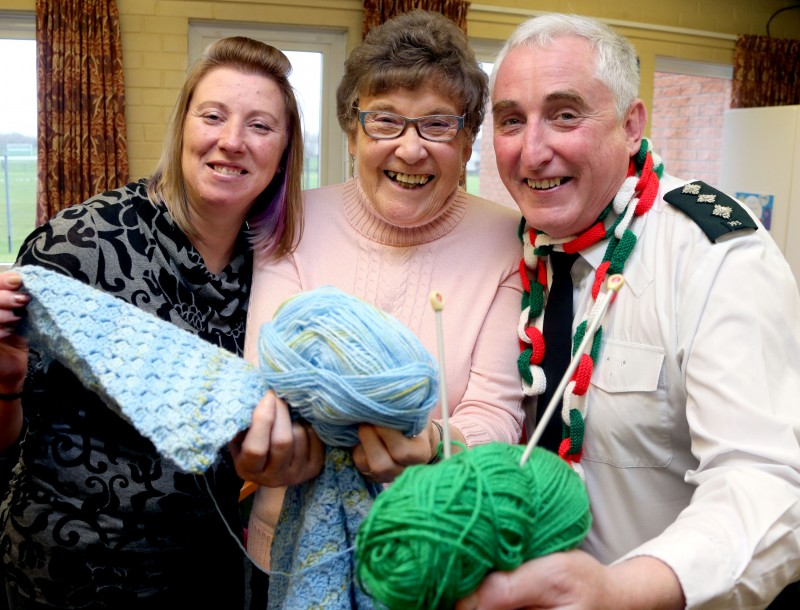 Pictured at the trauma teddies initiative are Lucille Wright, Causeway Coast and Glens Borough Council, Olive Mc Carron from Nimble Needles Knitting Group and Chief Inspector Ian Magee.