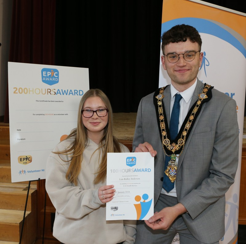 Mayor of Causeway Coast & Glens Borough Council, Councillor Ciarán McQuillan pictured alongside Lois Anderson who received a 100 hours EPIC Award for work with EA Youth Service.