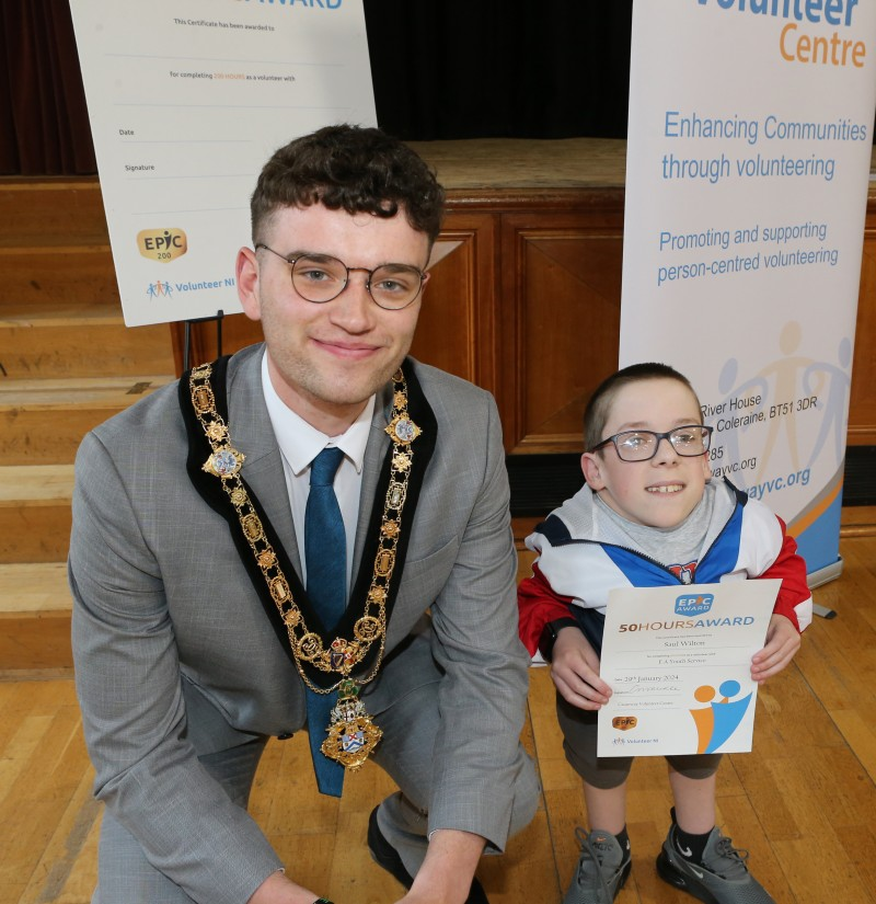 Mayor of Causeway Coast & Glens Borough Council, Councillor Ciarán McQuillan pictured alongside Saul Wilton who received a 50 hours EPIC Award for work with EA Youth Service.