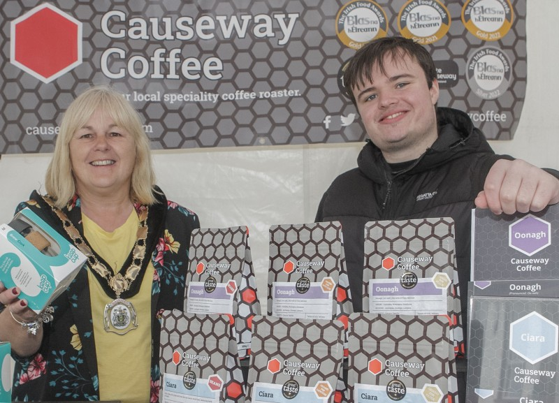 Trader Luke Duffy of Causeway Coffee along with Deputy Mayor, Cllr Margaret-Anne McKillop.