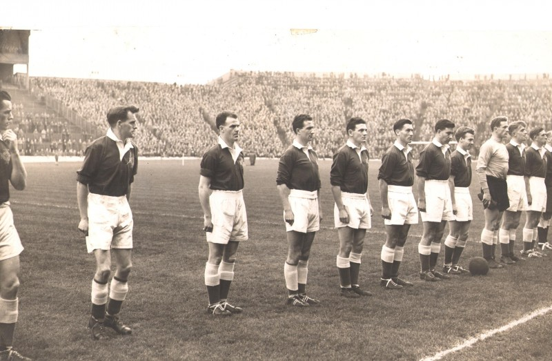 Harry Gregg pictured at football grounds, 3rd from the right, as part of the Northern Ireland team, c.1958.