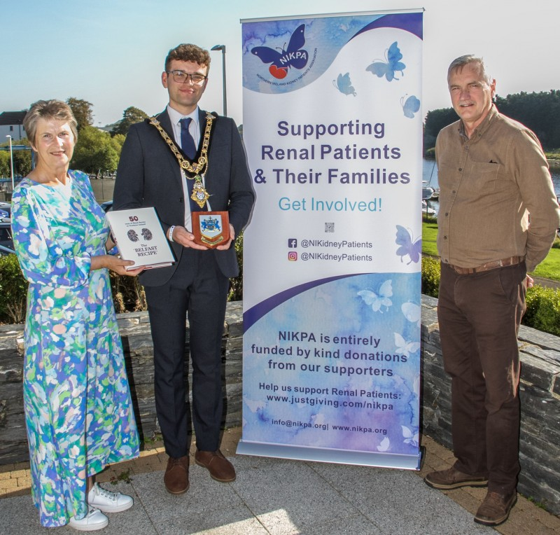 Mayor of Causeway Coast and Glens, Councillor Ciarán McQuillan, pictured with Stephen O'Boyle and Patty Gilbert, Chair of Northern Ireland Kidney Patients' Association: NIKPA.