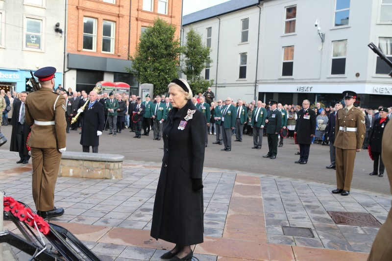 Lord Lieutenant of Co Londonderry, Alison Millar lays a wreath at the War Memorial in Coleraine.