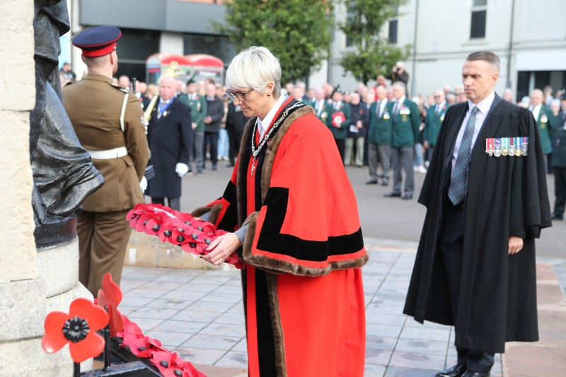 Deputy Mayor of Causeway Coast and Glens, Councillor Tanya Stirling lays a wreath on behalf of citizens of the Borough during the Remembrance Day service in Coleraine.