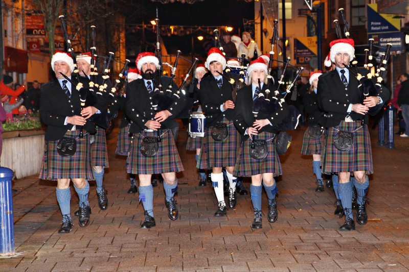The Kilrea Pipe Band lead the parade at Coleraine's Christmas Lights Switch On, Friday 27th of November.