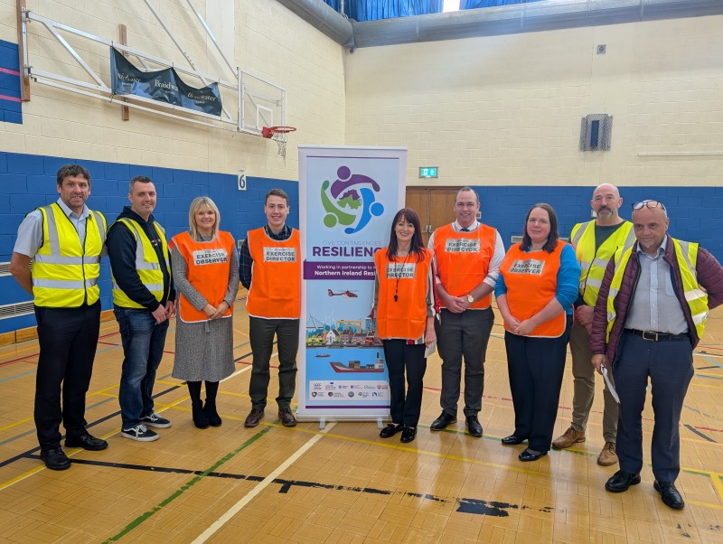 Present at the live-action exercise in Roe Valley Leisure Centre are (L-R) Sean Doherty, Derry and Strabane District Council; Lee Verner, Principle Social Worker, Western Health and Social Care Trust; Sharon McAfee, Head of Health and Built Environment, Causeway Coast and Glens Borough Council; Anthony McCloskey, Emergency Planning Officer, Causeway Coast and Glens Borough Council; Jacqueline Doherty, Emergency Planning Manager, Western Health and Social Care Trust; Damian Gavin, Resilience Manager, Northern Emergency Preparedness Group; Claire Carleton, Resilience Manager, Belfast Emergency Preparedness Group; Ricky Dennison, Leisure Operations Manager, Causeway Coast and Glens Borough Council, and John Gillespie, Western Health and Social Care Trust.