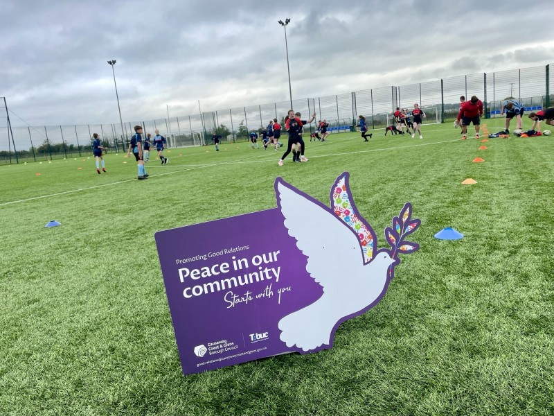 Pupils from Ballymoney High School & Our Lady of Lourdes School take part in the “Different Ball, Same Goal” project.