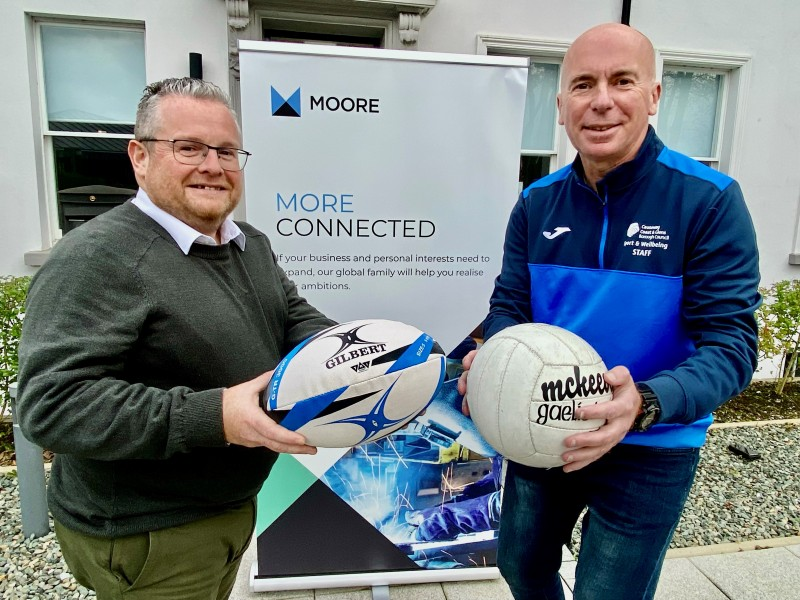 Kieran McLaughlin of Moore NI pictured with Stephen McCartney Council’s Sports Development Manager (Performance & Coaching). Moore NI has been announced as the headline sponsor for this year’s Sports Awards – ‘Moore NI Causeway Coast and Glens Sports Awards 2024’.