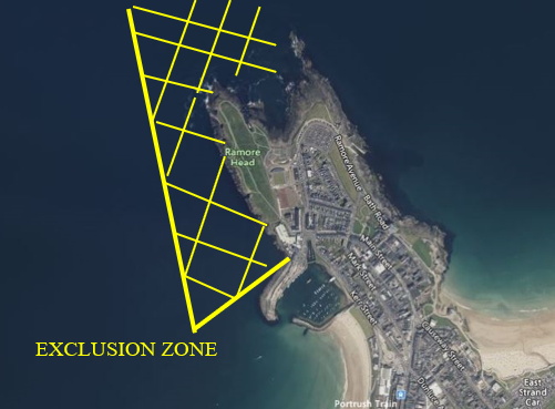 Image shows the area surrounding Ramore Head with a yellow line outlining the exclusion zone.