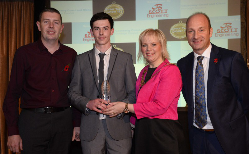 Causeway Coast and Glens Borough Council’s Sports Awards 2015, was presented in the Lodge Hotel Coleraine on 7th November 2015. Winner of the Junior Team Award is   Cross & Passion College Senior Hurling Team   presented by Mayor of Causeway Coast and Glens Borough Council, Councillor Michelle Knight McQuillan, with compere for the  evening Stephen Watson, and sponsored Nigel Scott, Scotts Engineers. For more information go to www.causewaycoastandglens.gov.uk.