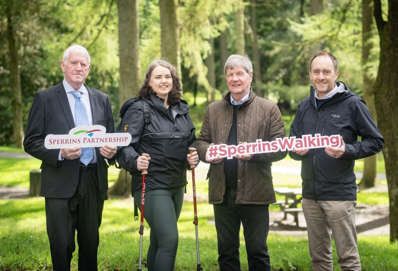 Launching this year’s Sperrins Walking were (L to R) Cllr Sean Clarke, Chair of the Sperrins Partnership;  Mairead McCallion, Walking Guide;  Joe Mahon, Presenter and Broadcaster; Mark Strong, Coast & Countryside Officer.