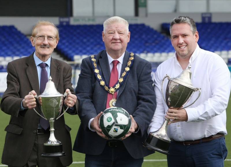 Mayor, Councillor Steven Callaghan with Victor Leonard, Chairperson of the SuperCupNI and Simon Magee, CEO of Coleraine FC.