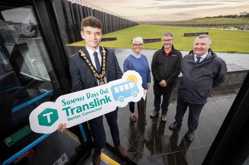 Mayor of Causeway Coast and Glens Councillor Ciarán McQuillan and Deputy Mayor Councillor Tanya Stirling pictured with Sam Todd, Translink and Alastair Walker, Operations Manager, Giant’s Causeway & Carrick-a-Rede National Trust, as Translink announces key enhancements for services to the Giant’s Causeway.