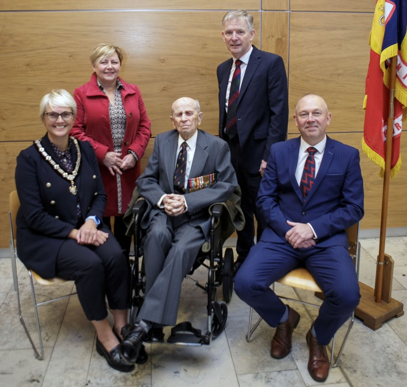 Deputy Mayor of Causeway Coast and Glens, Councillor Tanya Stirling joined Norman Irwin for a reception in Cloonavin to mark his 106th birthday. Pictured also are (back row l-r) Alderman Sharon McKillop, Alderman Mark Fielding and (front row r) and Councillor Philip Anderson.