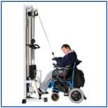 A person in a wheelchair using a power lift to exercise