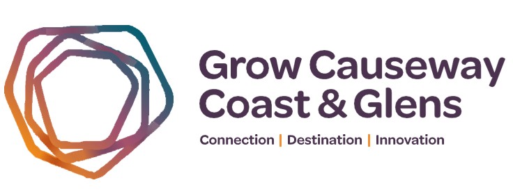 The Logo for Grow Causeway Coast and Glens which shows 3 outlines of the causeway stones inside each other, in orange, purple and green.