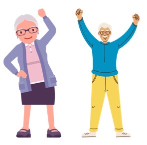 an older woman and man standing beside each other smiling and raising their arms in the air
