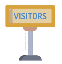 a yellow sign which says visitors in blue