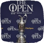 a blue background with the words the open 153rd royal portrush with a silver golf cup