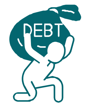 an outline of a person with a large green sack on their shoulders with the word debt in white