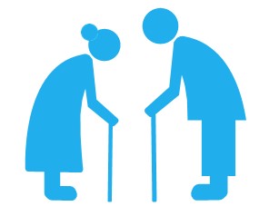 a blue woman and a man with walking sticks looking towards each other