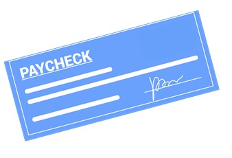 a blue rectangle which says pay check in white