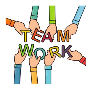 different hands holding brightly coloured capital letters which when joined together read the words team work